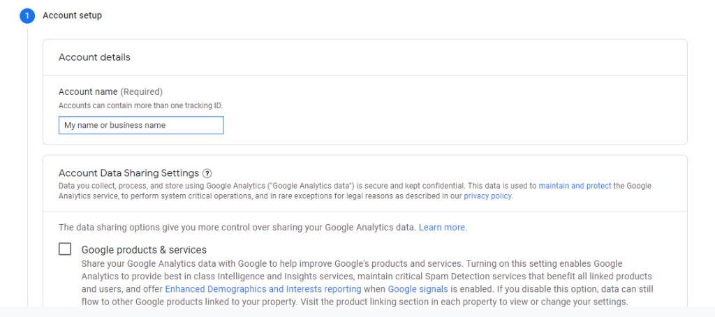 Google analytics account set up
