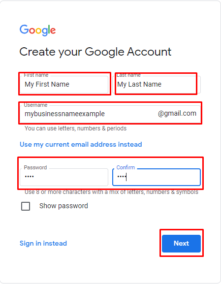 fill out the google account form